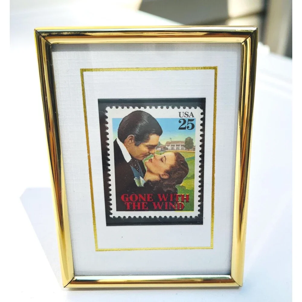 Vintage Brass Framed 1990 US 25-cent Postage Stamp 1939 Film Gone with the Wind
